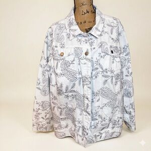 Liz & Me 2X White Black Paisley Floral Cotton Denim Trucker Jean Jacket Plus Sz.